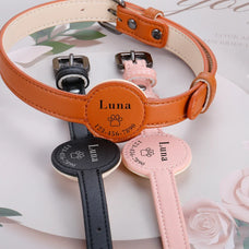 Customized Leather Pet Collar with Anti-Lost Airtag Location Tracker Case: Adjustable and Protective Design